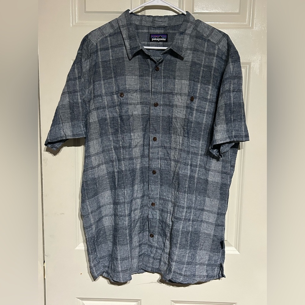Patagonia Back Step Hemp Organic Cotton Mens Large Blue Black Gray Plaid